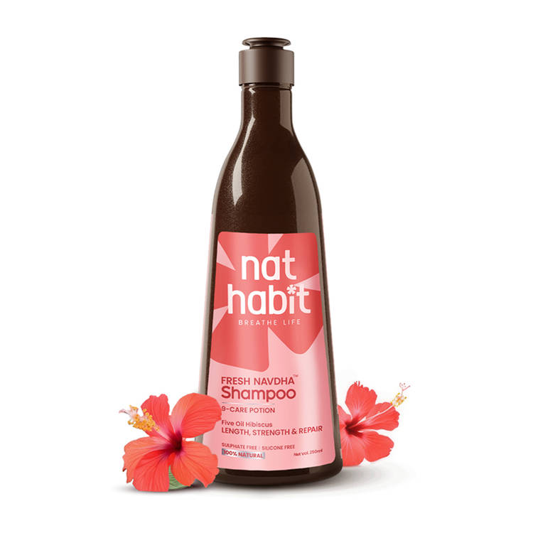Nat Habit Five Oil Hibiscus Shampoo For Long Thick Hair, Sulphate Free Shampoo For Hair Fall Control (225ml)