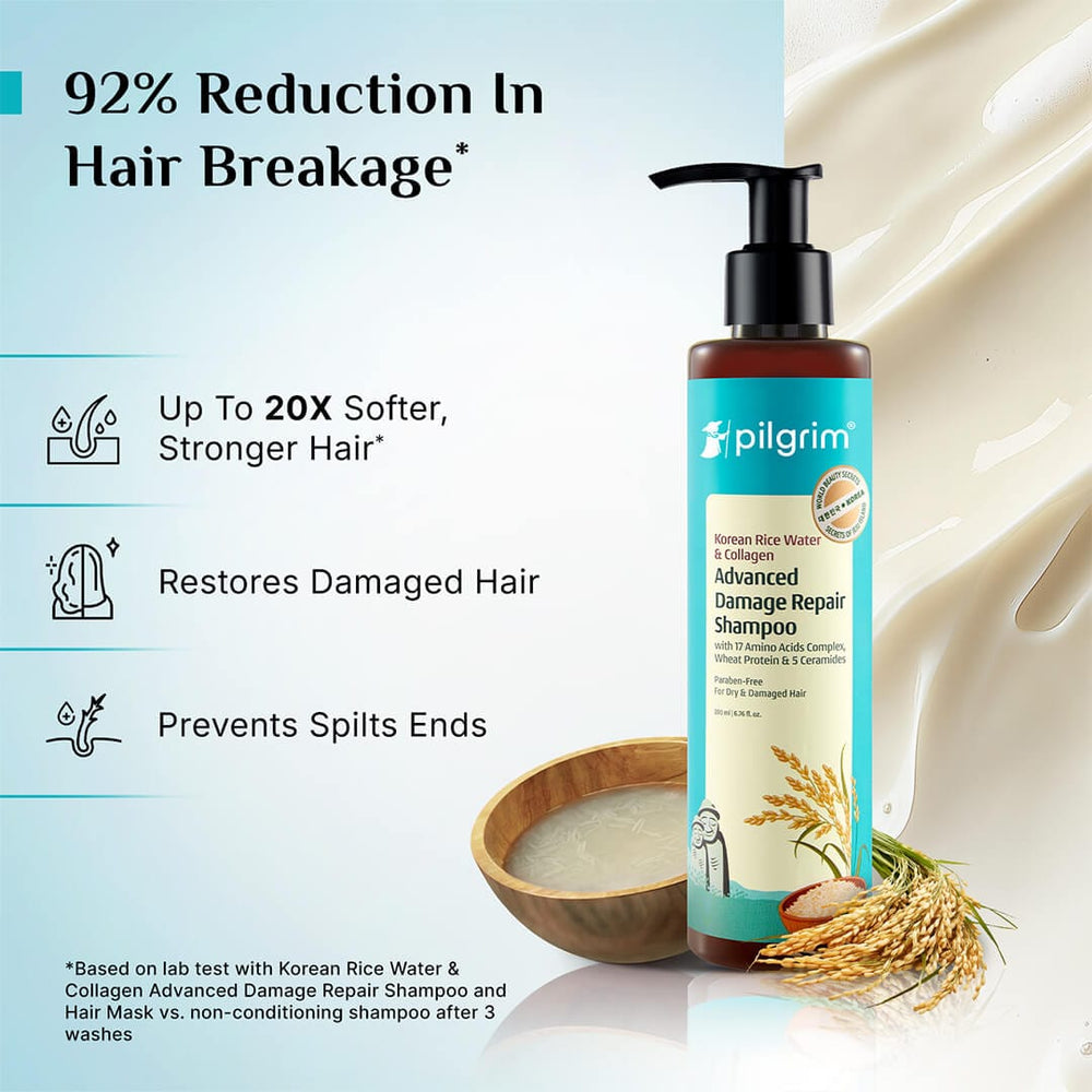 Pilgrim Korean Rice Water & Collagen Advanced Damage Repair Shampoo (200ml) 
Repair, Strengthen & Soften