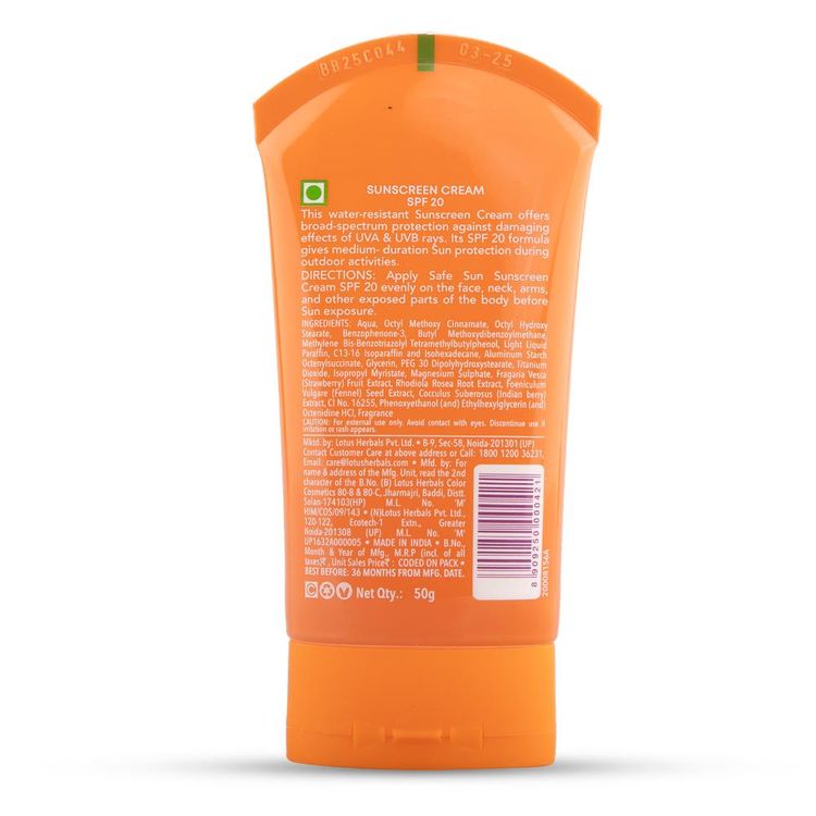 Lotus Herbals SafeSun Sunscreen Cream SPF 20 PA+ ,Berry & Fennel Seed Extracts,Waterproof & Oil-free (100g)