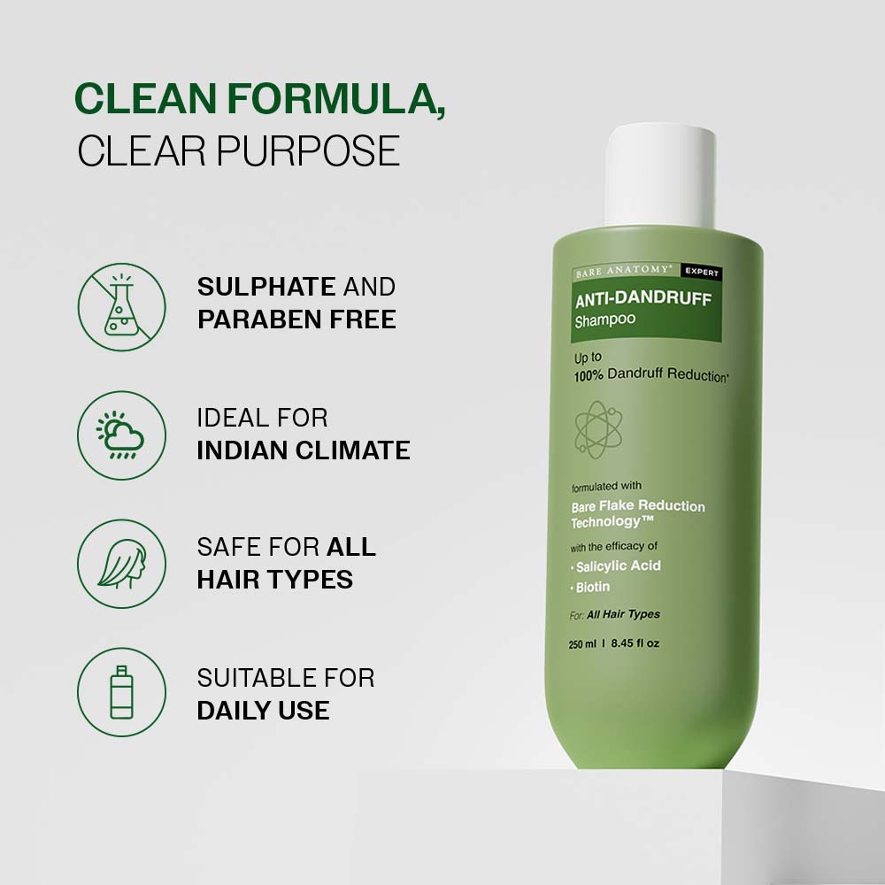 Bare Anatomy Anti-Dandruff Shampoo with Salicylic Acid, Piroctone Olamine, Biotin & Menthol (250ml)
