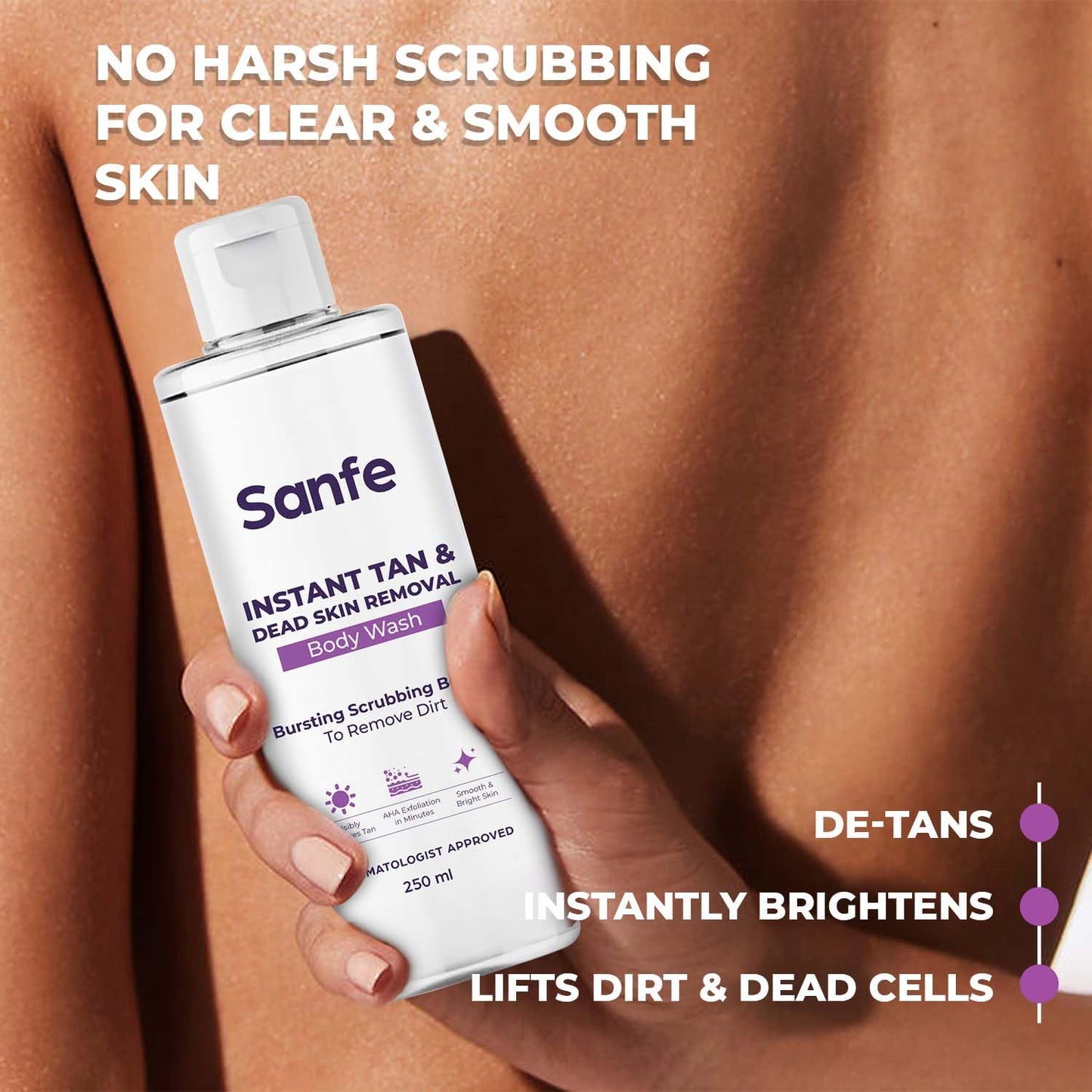 Sanfe Instant Tan & Dead Skin Removal Exfoliating Body Wash | Visibly Removes Tan | AHA Exfoliation in Minutes | Smooth & Bright Skin | 250ml