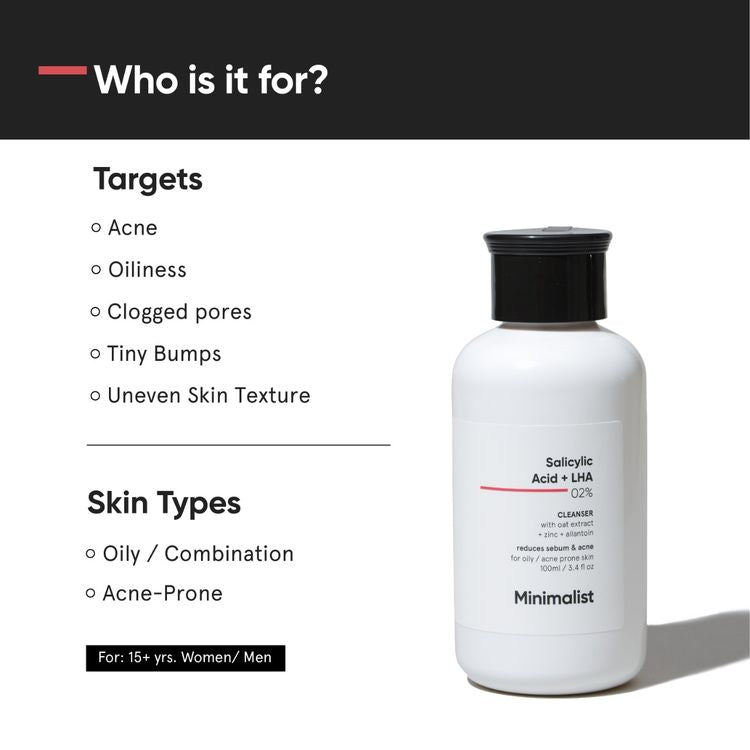 Minimalist 2% Salicylic Acid + LHA Face Cleanser With Zinc For Reducing Sebum & Acne
(100 ml)