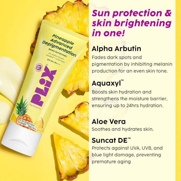 Plix Pineapple Advanced Depigmentation Dewy Sunscreen SPF 50 PA++++
(50g)