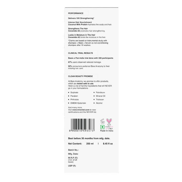 Bare Anatomy Damage Repair Shampoo for Damaged, Dry & Frizzy Hair Paraben & Sulphate Free Shampoo (250ml)