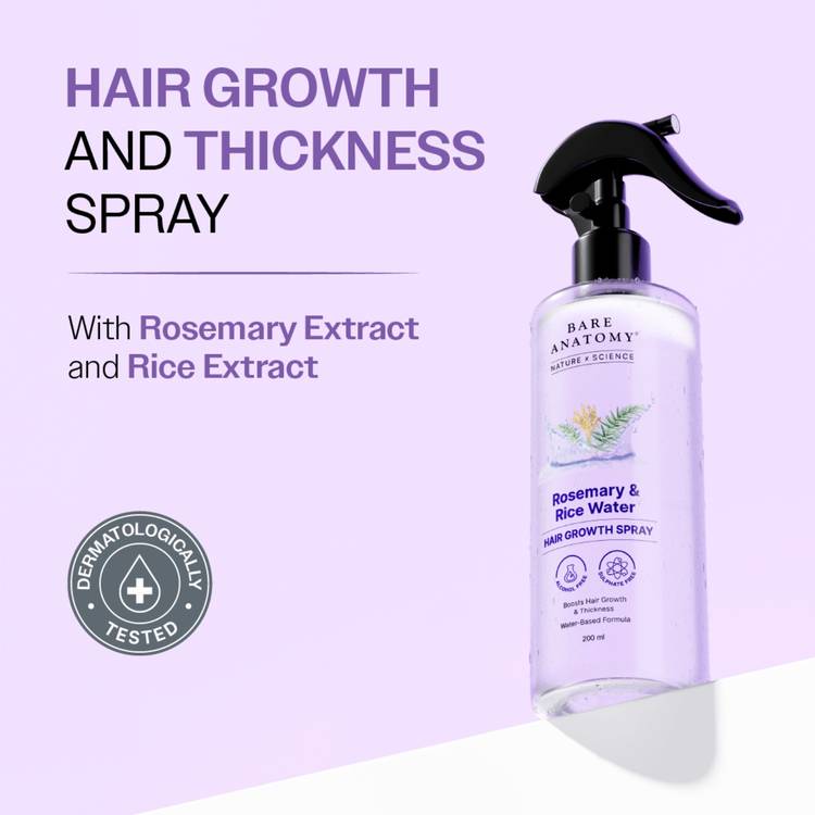 Bare Anatomy Rosemary Water Spray for Hair Growth with Rice water, 100% Natural Extract (200ml)