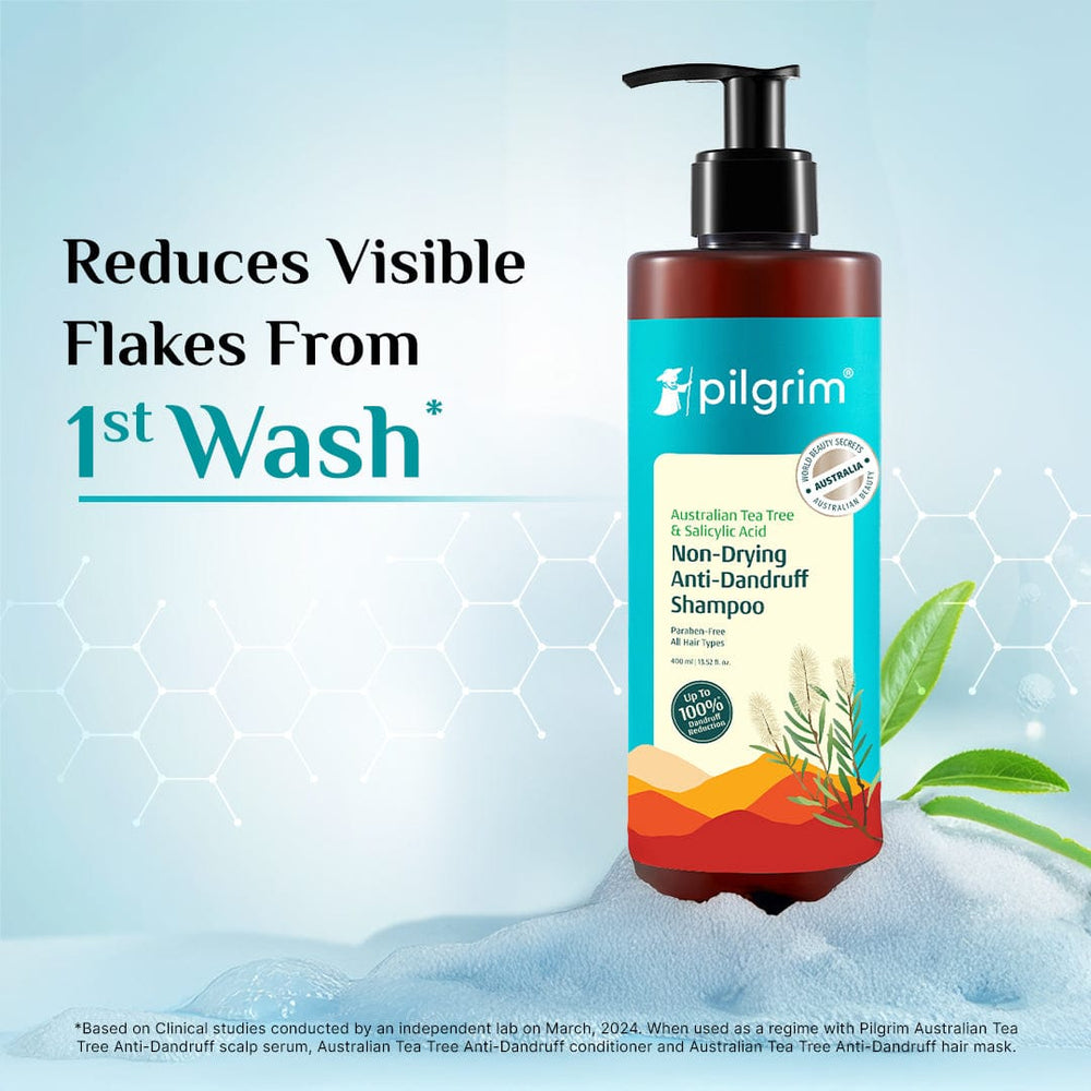 Pilgrim Australian Tea Tree Non-Drying Anti-Dandruff Shampoo (400ml) 
Reduces Dandruff Without Drying Hair