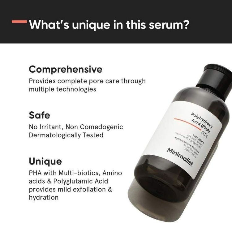 Minimalist 3% Polyhydroxy PHA Face Toner With Multi Biotics For Minimizing Pore Size & Hydrating Skin
(150ml)