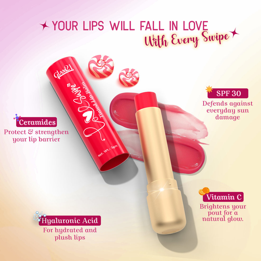 Glam21 Love Swipe Tinted Lip Balm (01Candy Red)