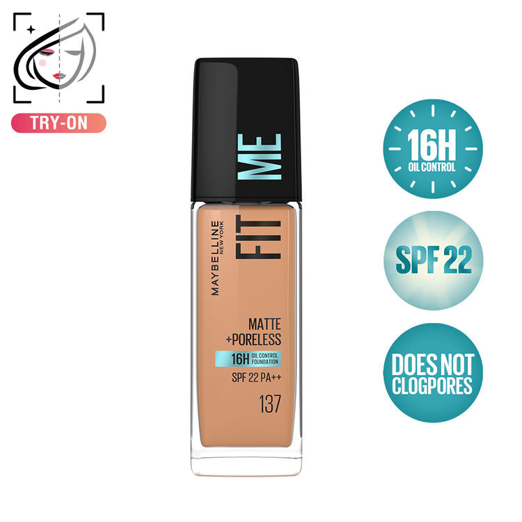 Maybelline Fit Me Matte+Poreless 16H Oil Control Foundation With SPF 22 PA++ (137 Golden Tan)(30ml)