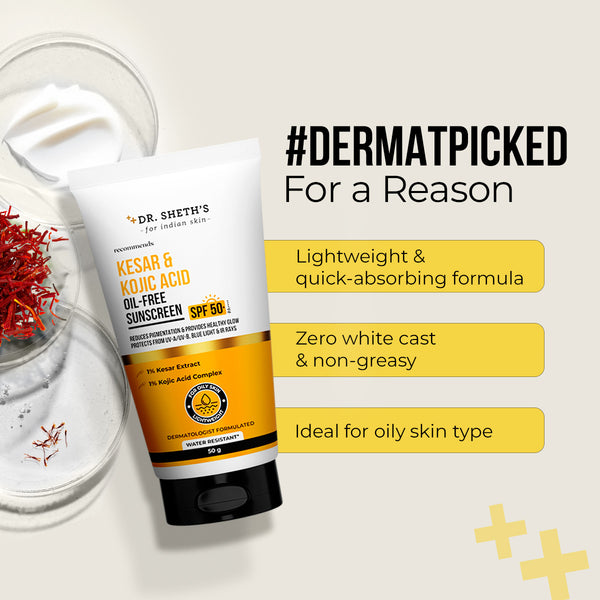 Dr. Sheth's Kesar & Kojic Acid Oil Free Sunscreen - 50g In-Vivo Tested SPF 50+ PA ++++ 50g