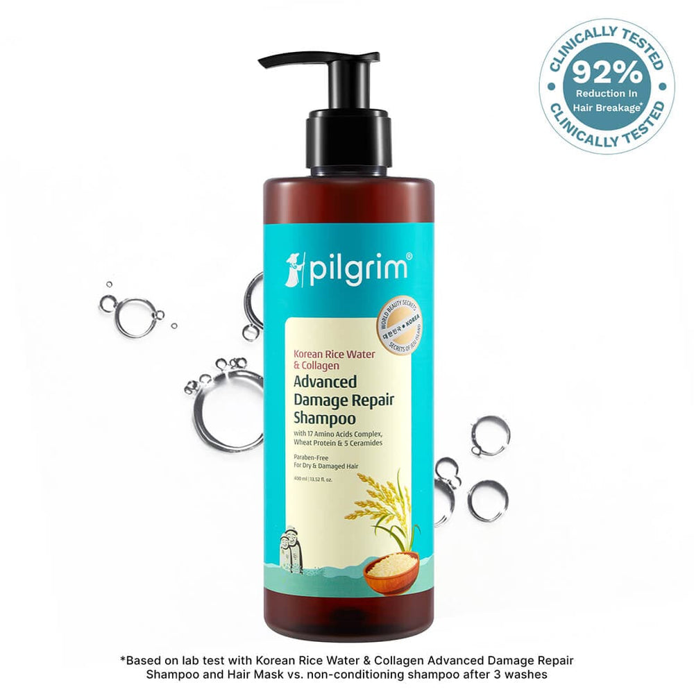 Pilgrim Korean Rice Water & Collagen Advanced Damage Repair Shampoo (400ml) 
Repair, Strengthen & Soften