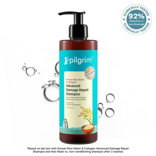 Pilgrim Korean Rice Water & Collagen Advanced Damage Repair Shampoo (400ml) 
Repair, Strengthen & Soften