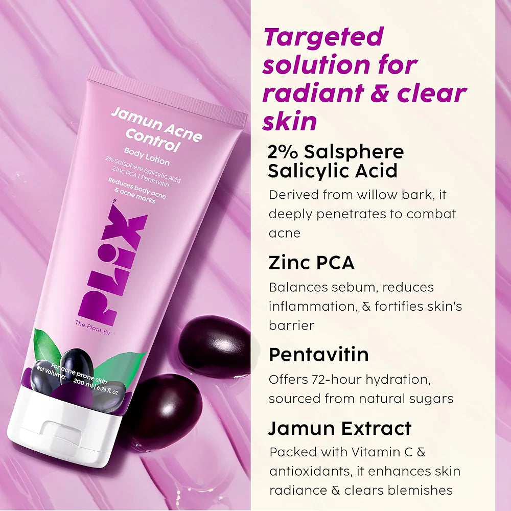 PLIX - THE PLANT FIX | Jamun Acne Control Body Lotion 200ml | Helps Reduce Active Acne & Fades Away Acne Marks | Non-Sticky | Improves Skin Radiance | Jamun Extract | Men & Women |