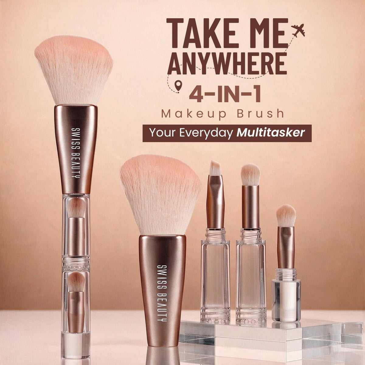 Swiss Beauty Take Me Anywhere 4-in-1 Makeup Brush |Soft Synthetic Bristles | Travel-Friendly
