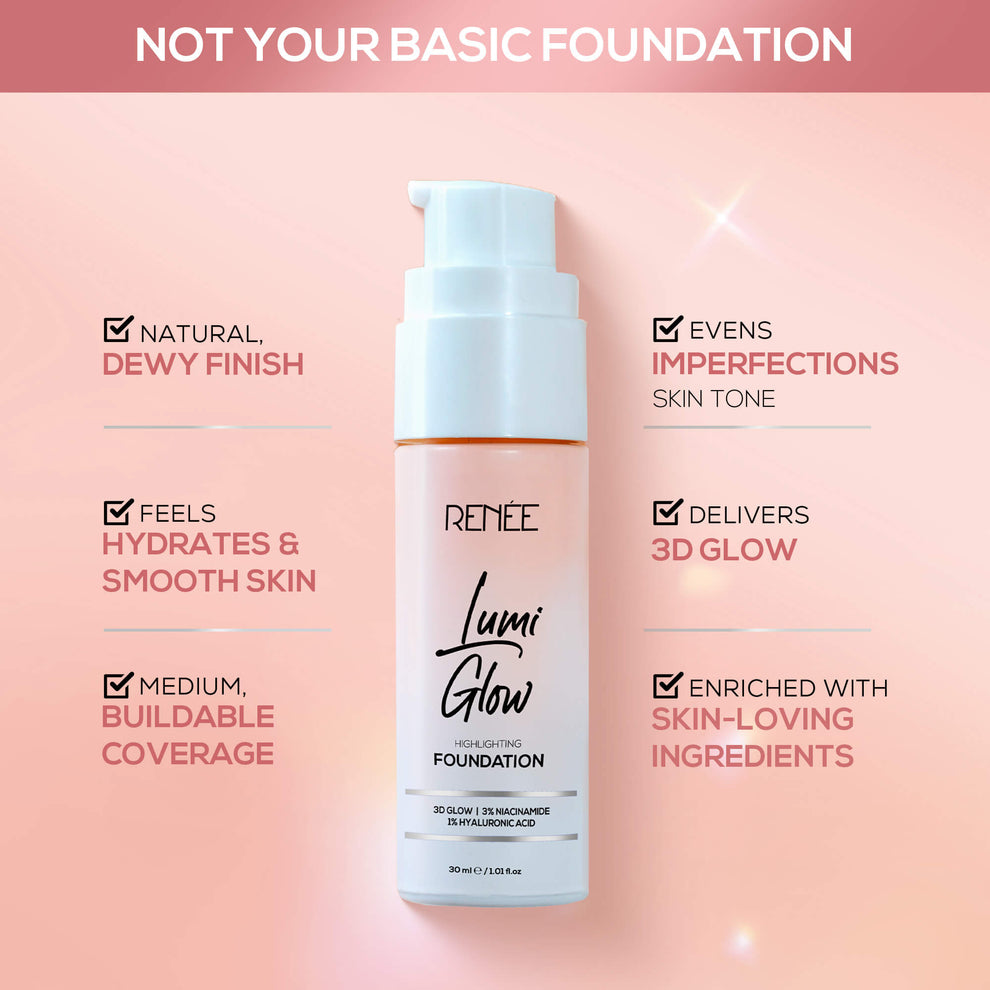 RENEE Lumi Glow Highlighting Liquid Foundation With Dewy Finish, Buildable Coverage & 3D Glow (Radiant Beige)