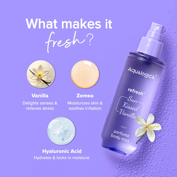Aqualogica Refresh+ Sun Kissed Vanilla Perfume Body Mist with Zemea & Hyaluronic Acid - 150 ml
