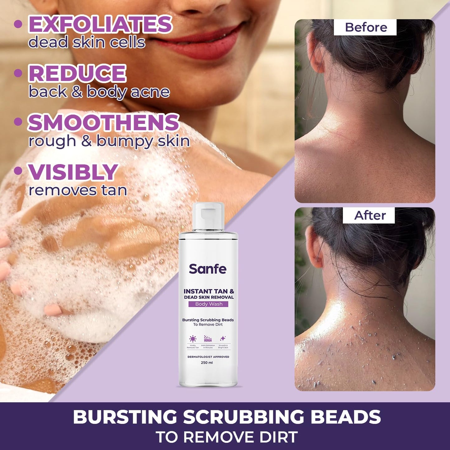 Sanfe Instant Tan & Dead Skin Removal Exfoliating Body Wash | Visibly Removes Tan | AHA Exfoliation in Minutes | Smooth & Bright Skin | 250ml