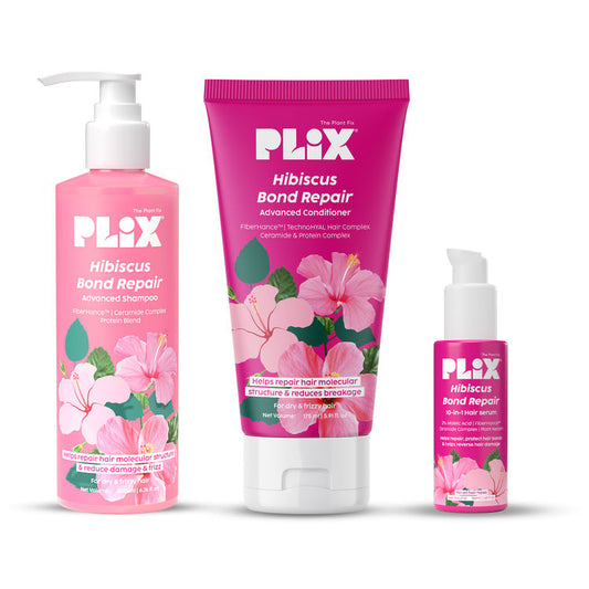Plix Hibiscus Frizz Control Hair Serum, Advanced Bond Repair Shampoo & Conditioner
(425ml)