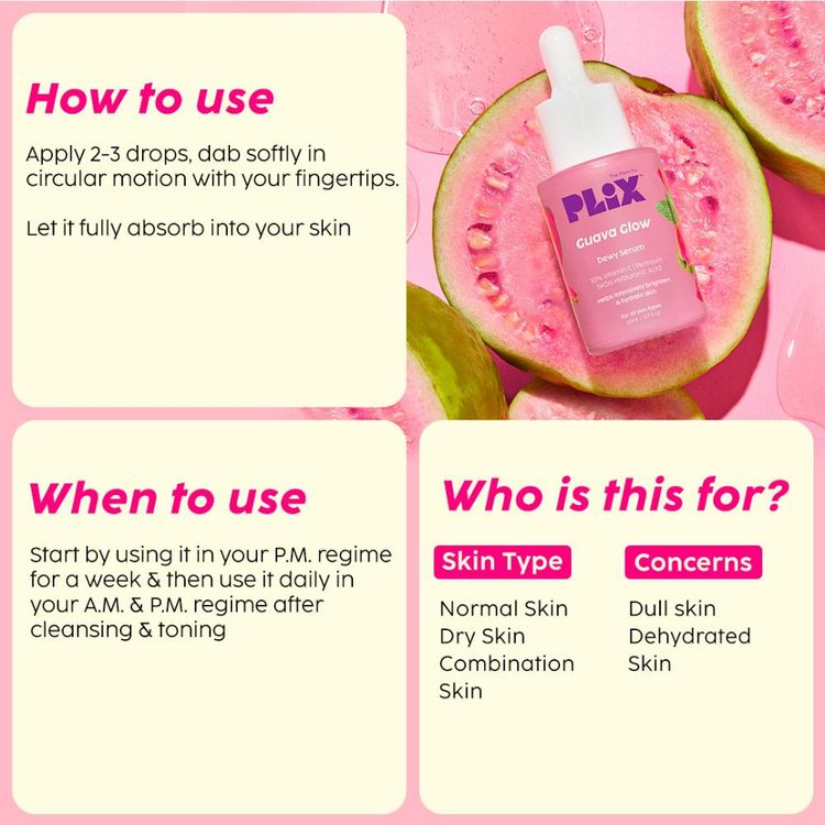 Plix 10% Vitamin C Guava Face Serum for Skin Brightening & Even tone with Hyaluronic acid & Pentavitin
(20ml)