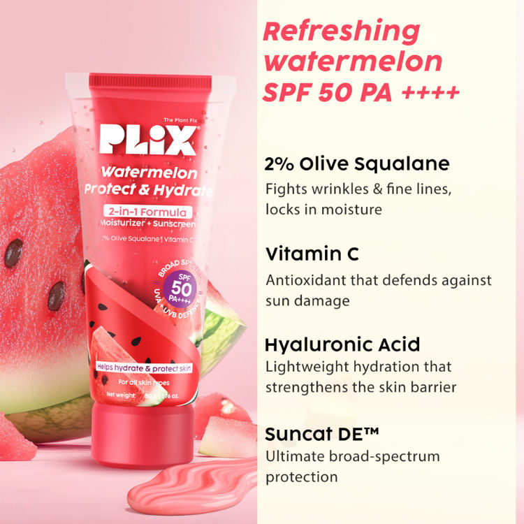Plix Watermelon SPF PA++++ 50 Protect & Hydrate 2 In 1 Moisturizer + Sunscreen
(50g)