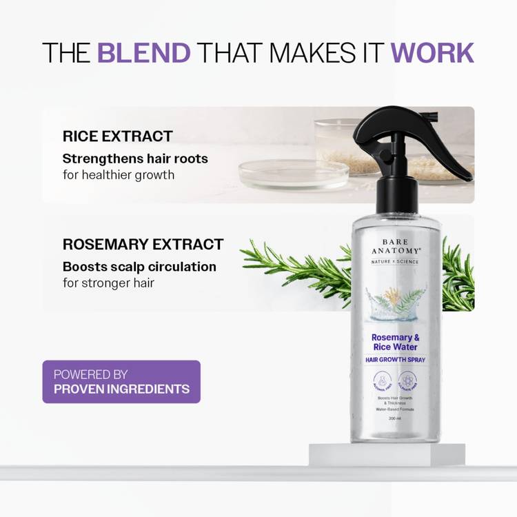 Bare Anatomy Rosemary Water Spray for Hair Growth with Rice water, 100% Natural Extract (200ml)