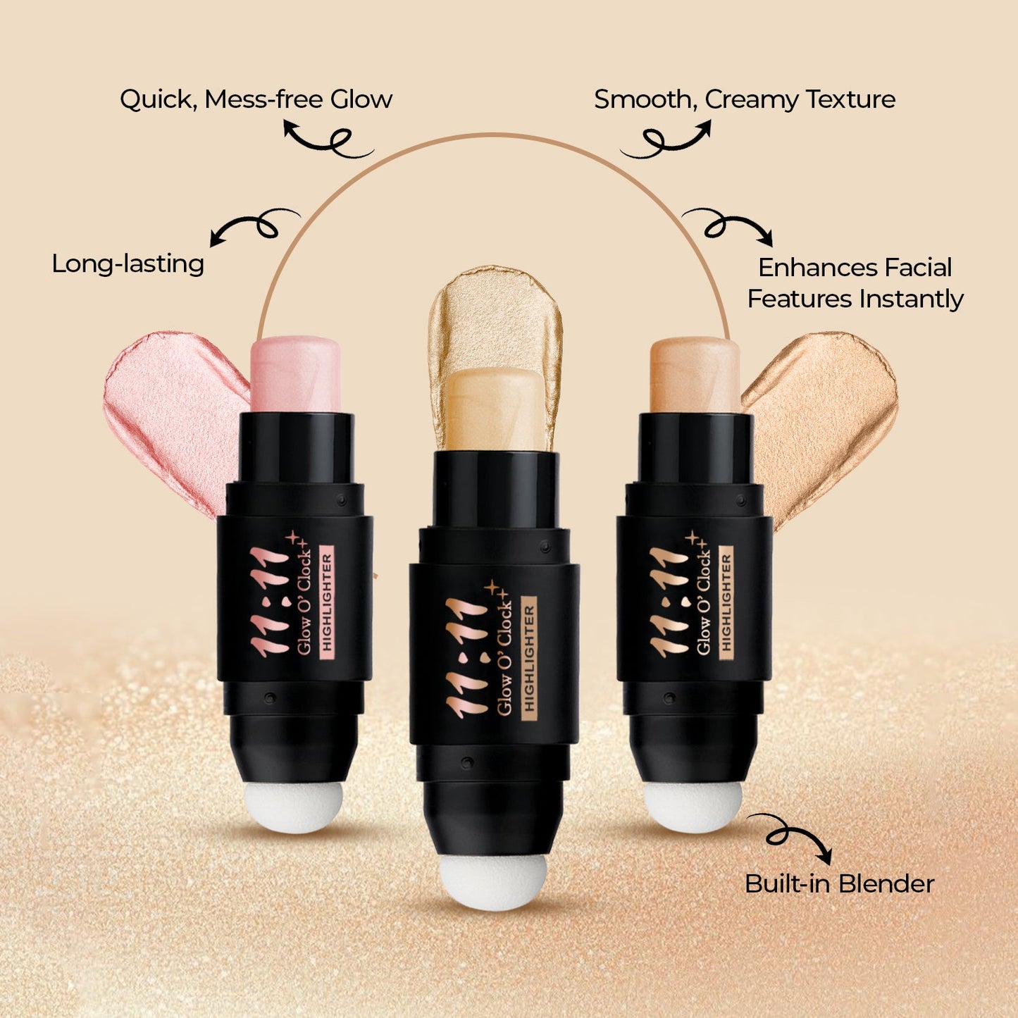 Fashion Color 11:11 Glow O’Clock Highlighter Stick – Long-Lasting Cream Highlighter for Face & Body(Champagne Gold)