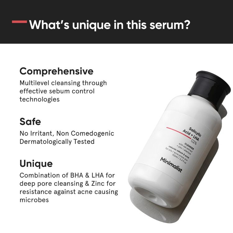Minimalist 2% Salicylic Acid + LHA Face Cleanser With Zinc For Reducing Sebum & Acne
(100 ml)