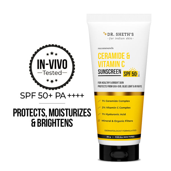 Dr. Sheth's Ceramide & Vitamin C Sunscreen - 80 gm In-Vivo Tested SPF 50+ PA ++++ 80g