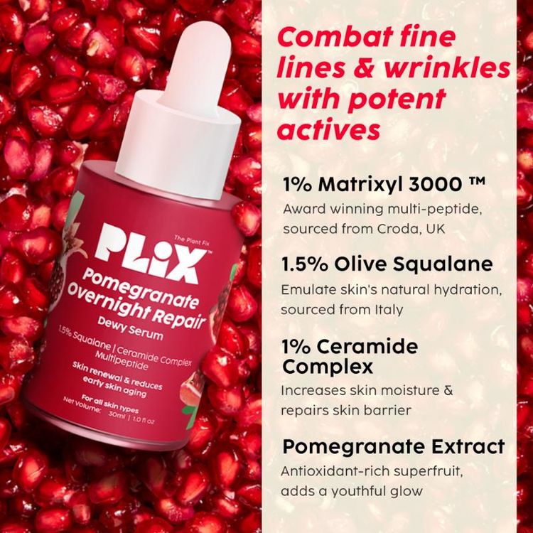 Plix Pomegranate Overnight Repair Dewy Serum for Ageless Glow With Ceramides Reduce Fine Lines
(30ml)