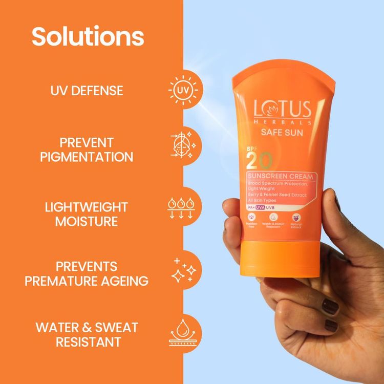 Lotus Herbals SafeSun Sunscreen Cream SPF 20 PA+ ,Berry & Fennel Seed Extracts,Waterproof & Oil-free (100g)