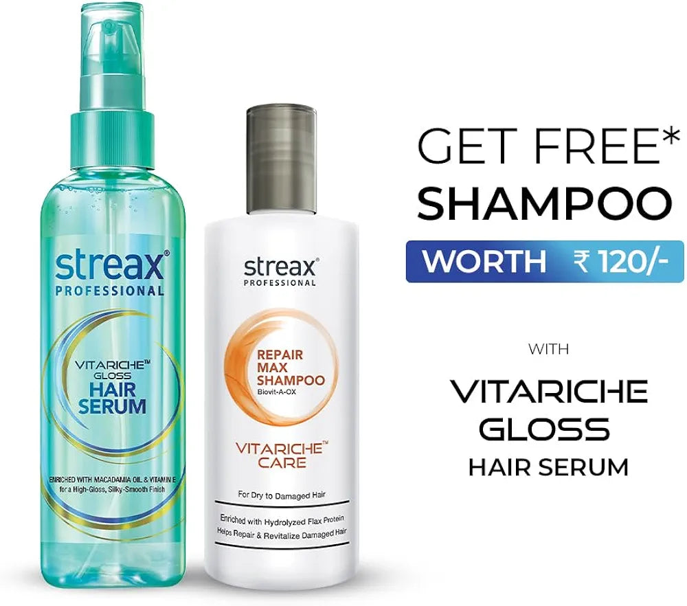 Streax Professional Vitariche Gloss Hair Serum, 115ml for Frizz Free Hair + FREE Repair Max Shampoo,100 ml for Dry to Damaged Hair