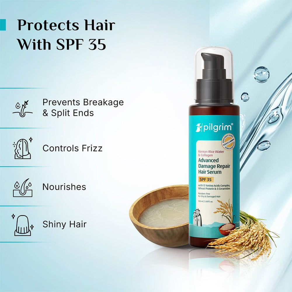 Pilgrim Korean Rice Water & Collagen Advanced Damage Repair Hair Serum SPF 35
Revives, Strengthens & Protects