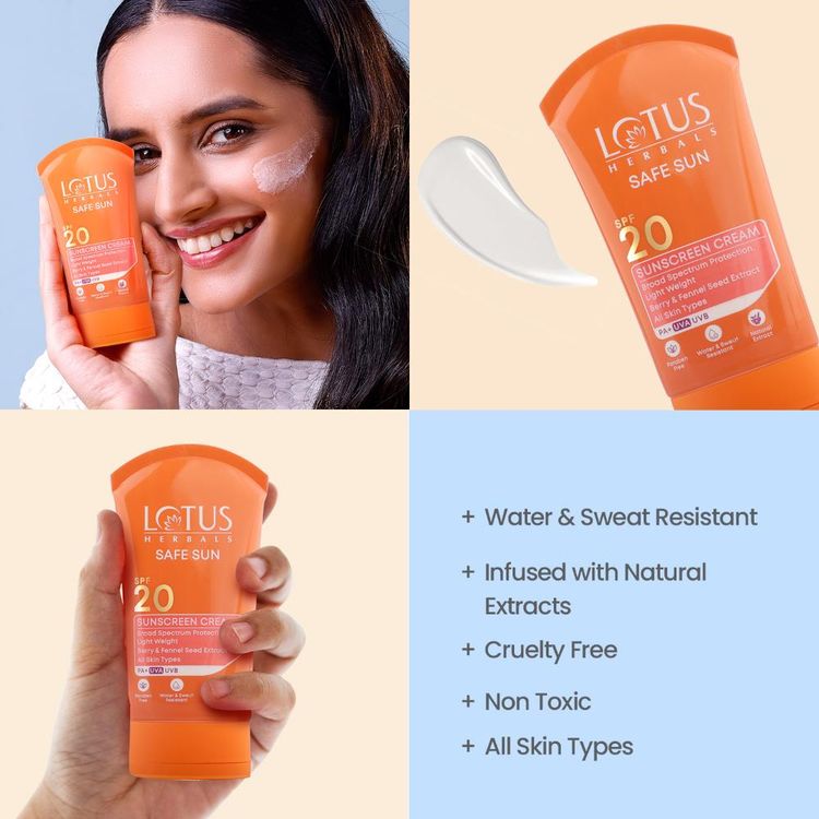 Lotus Herbals SafeSun Sunscreen Cream SPF 20 PA+ ,Berry & Fennel Seed Extracts,Waterproof & Oil-free (100g)