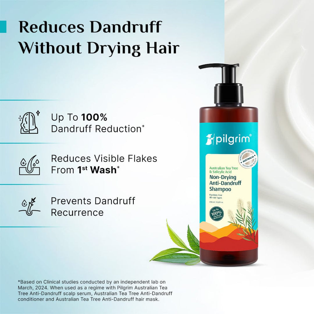 Pilgrim Australian Tea Tree Non-Drying Anti-Dandruff Shampoo (400ml) 
Reduces Dandruff Without Drying Hair