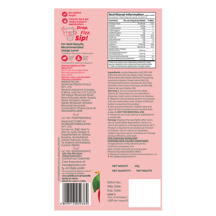 Plix Apple Cider Vinegar Effervescent Tablets with Vitamin B6 & B12, Pack of 4 - Apple
(15 tablets each)