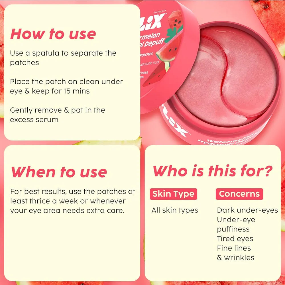 Plix Watermelon hydrogel eye patches to de-puff & revive under-eye area instantly