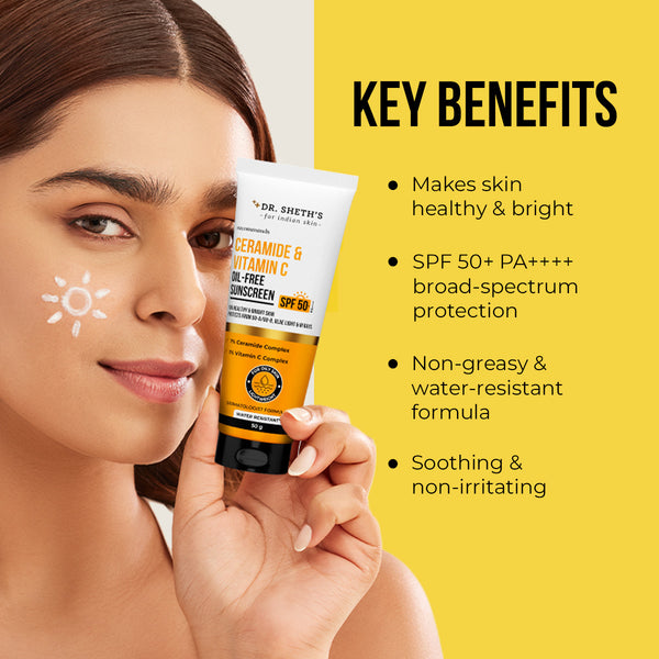 Dr. Sheth's Ceramide & Vitamin C Oil Free Sunscreen - 50 gm In-Vivo Tested SPF 50+ PA ++++ 50g
