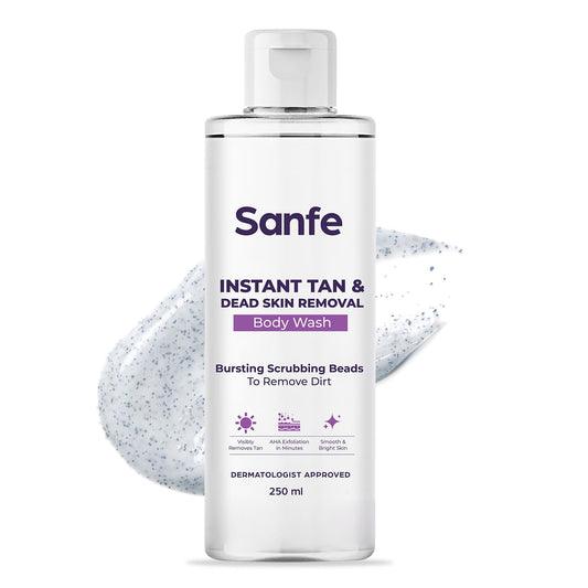 Sanfe Instant Tan & Dead Skin Removal Exfoliating Body Wash | Visibly Removes Tan | AHA Exfoliation in Minutes | Smooth & Bright Skin | 250ml