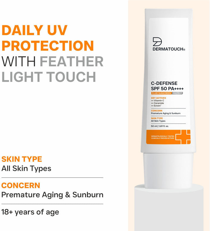 Dermatouch sunscreen spf 50 pa++++ c-defense fluid lightweight sunscreen for anti aging (50ml)
