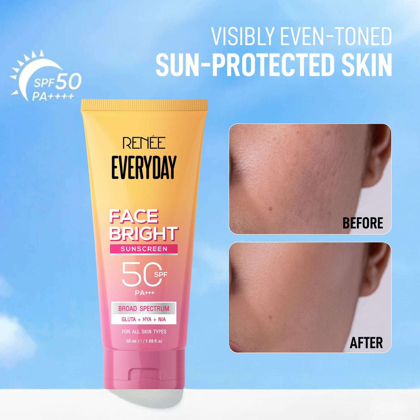 RENEE Everyday Face Bright Brightening Sunscreen With Niacinamide | In-Vivo Tested SPF 50 PA+++, 50ml