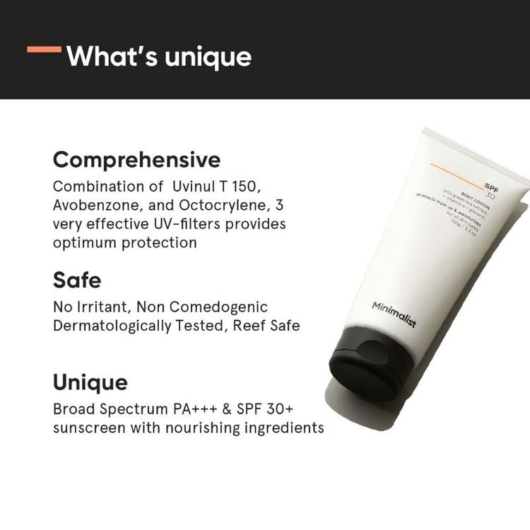Minimalist SPF 30 Body Lotion With Vitamin E, Gylcerin & Green Tea Extract
(150 g)