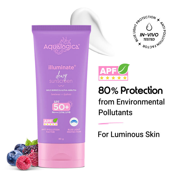 Aqualogica Illuminate+ Dewy Sunscreen In-Vivo Tested SPF 50+ PA++++ with Wild Berries & Alpha Arbutin - 80 g