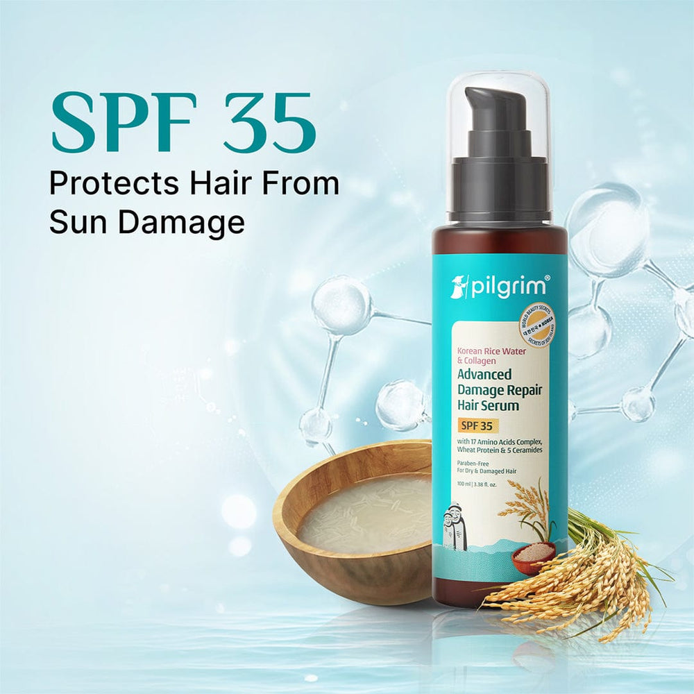 Pilgrim Korean Rice Water & Collagen Advanced Damage Repair Hair Serum SPF 35
Revives, Strengthens & Protects