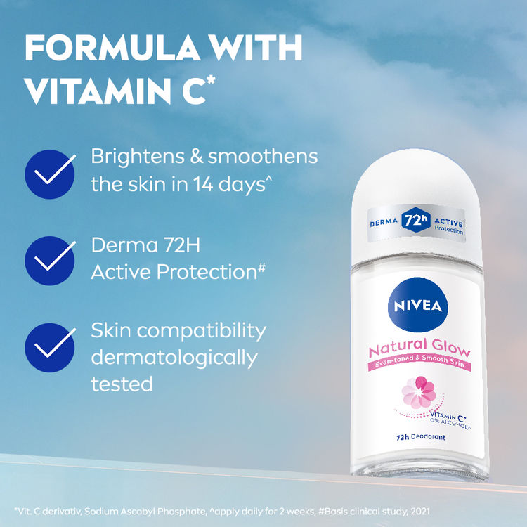 NIVEA Natural Glow Even Toned Vit C & 0% Alcohol Deo Underarm Roll On 72Hr Active Protection Smooth Skin
(50ml)