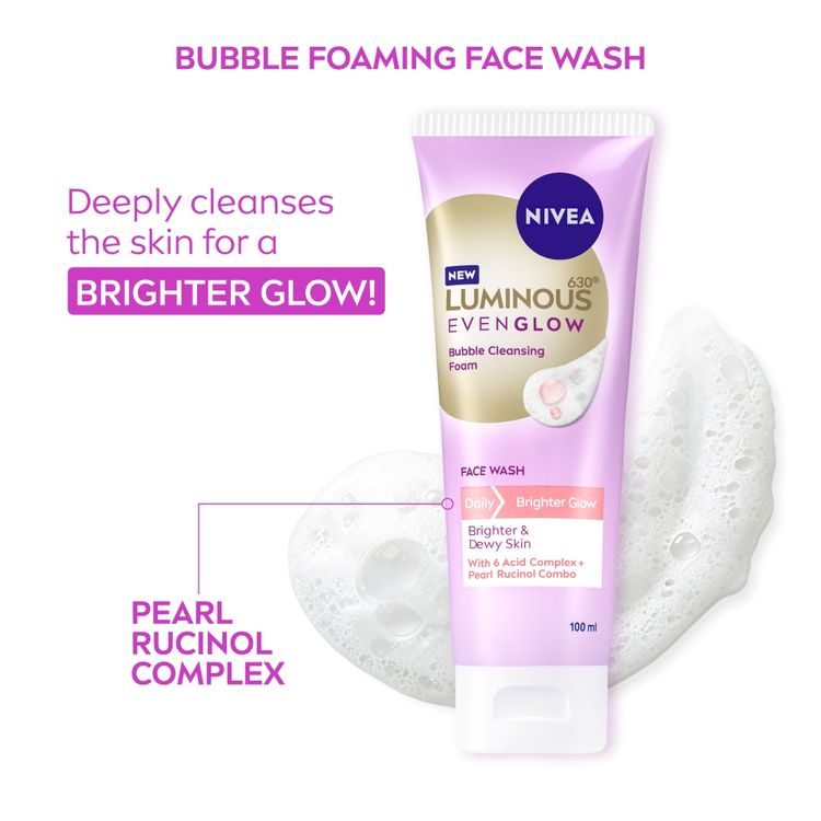 NIVEA Luminous Even Glow Bubble Foam Daily Gentle and Brightening Face Wash With 6 Acid complex
(100ml)