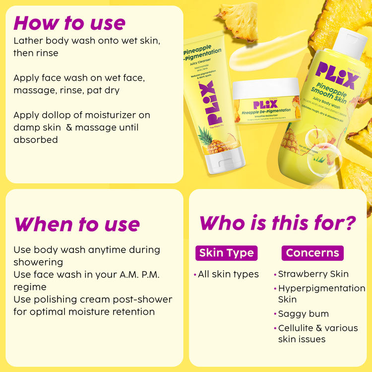 Plix Pineapple Duo With Body Wash & De-Pigmentation Facewash & Moisturizer 
(3 pcs)