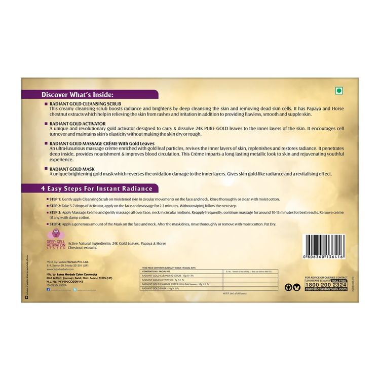 Lotus Herbals Radiant Gold Cellular Facial Kit With 24K Pure Gold & Papaya For All Skin Types
(37g)