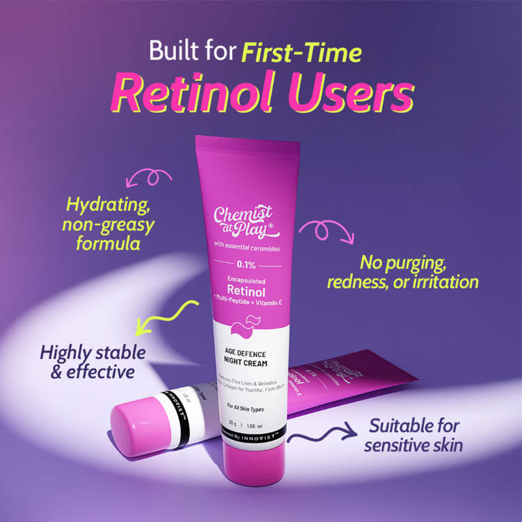 Chemist at Play 0.1% Retinol Night Cream, Reduces Fine Lines, Wrinkles & Sunspots, Beginner Friendly (30g)