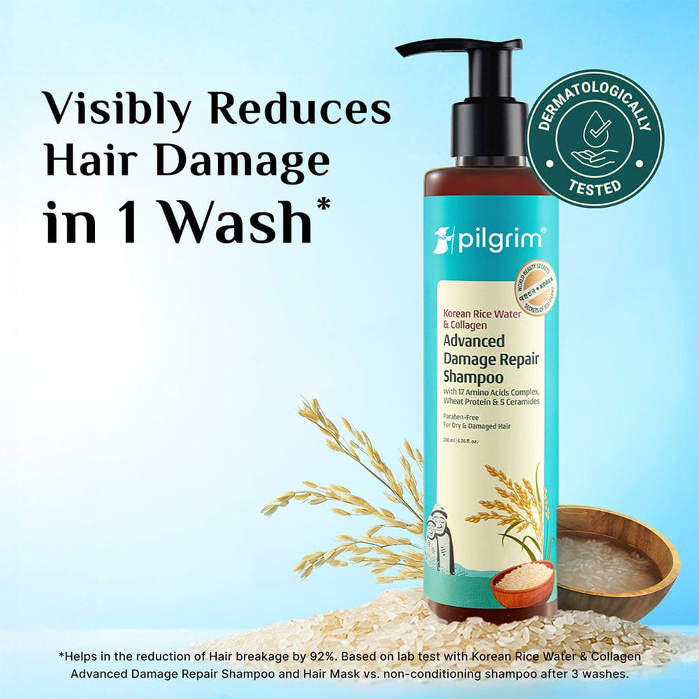 Pilgrim Korean Rice Water & Collagen Advanced Damage Repair Shampoo (200ml) 
Repair, Strengthen & Soften