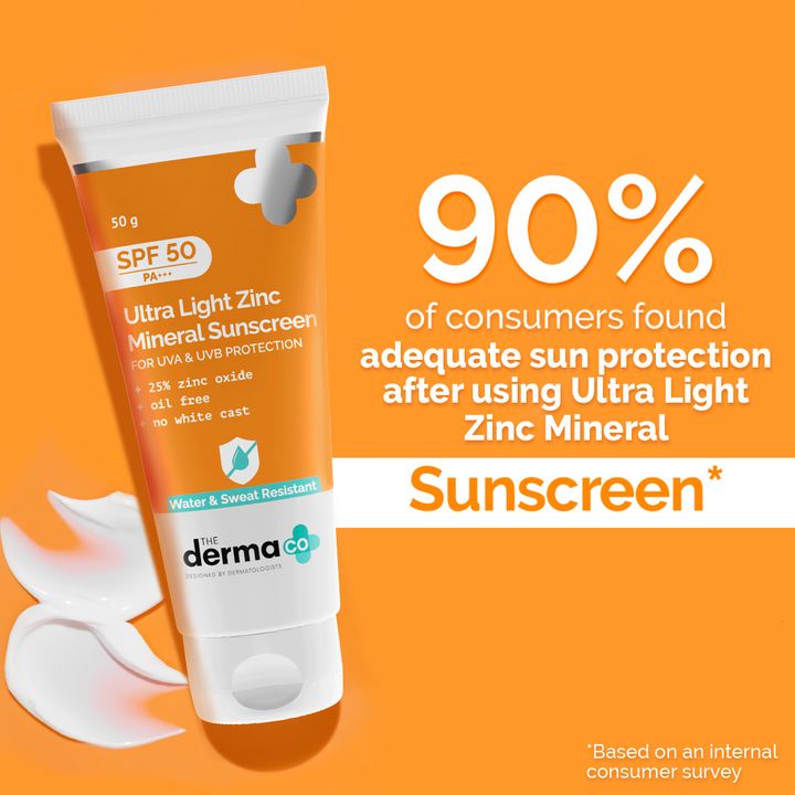 The Derma Co Ultra Light Zinc Mineral Sunscreen with SPF 50 For Broad Spectrum, UVA, UVB & Blue Light Protection - 50g